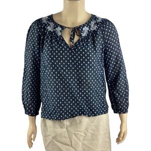 Point Sur Embroidered Print Peasant Top Navy Size L
